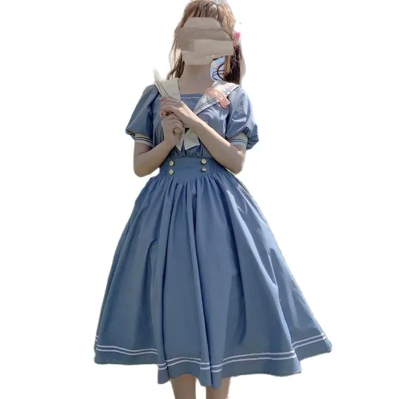 

Anbenser Japanese Lolita Sweet Dress Harajuku Sailor Collar Navy Dresses Vintage Bow Kawaii Girls Preppy Style Long Sleeve Dress