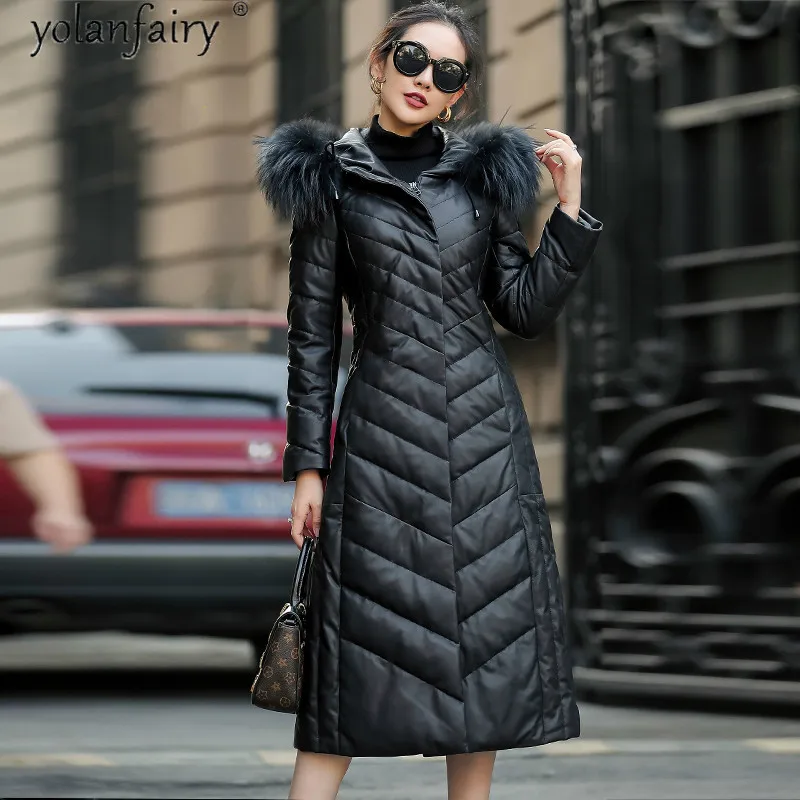 

Real Raccoon Dog Fur Collar Genuine Leather Jacket Women Autumn Winter Sheepskin Coat Female Long Down Jacket Slim XS19D18-22