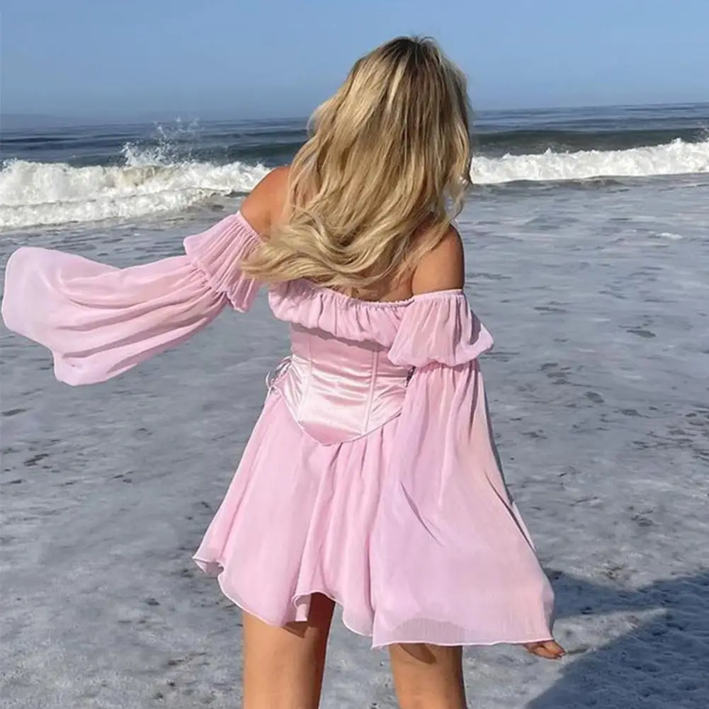 

Мини-платье с вырезом лодочкой, женское летнее пляжное платье для отпуска с длинным вечерние ВОМ, сарафан, повседневные бандажные платья, Ро...