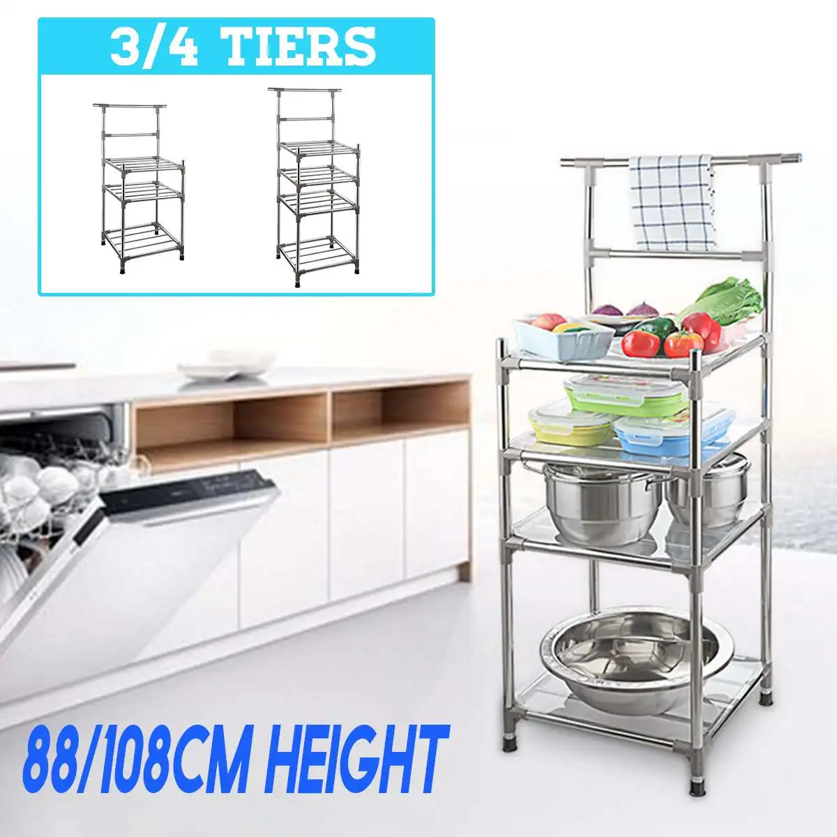 

3/4 Layer Kitchen Storage Rack Stainless Steel Food Tableware Organizer Holder Durable Home Organize Shelf Storage Holders Racks