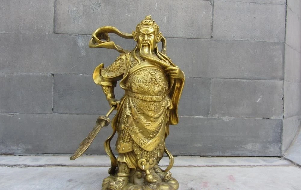 

free shipping Chinese Folk Copper Brass General Dragon Guan Gong Guan Yu Warrior Buddha Statue