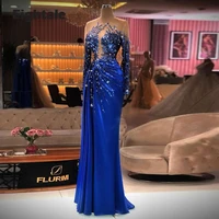 eightale arabic evening dresse rhinestones royal blue beaded long sleeves mermaid prom gown celebrity party dress 2021