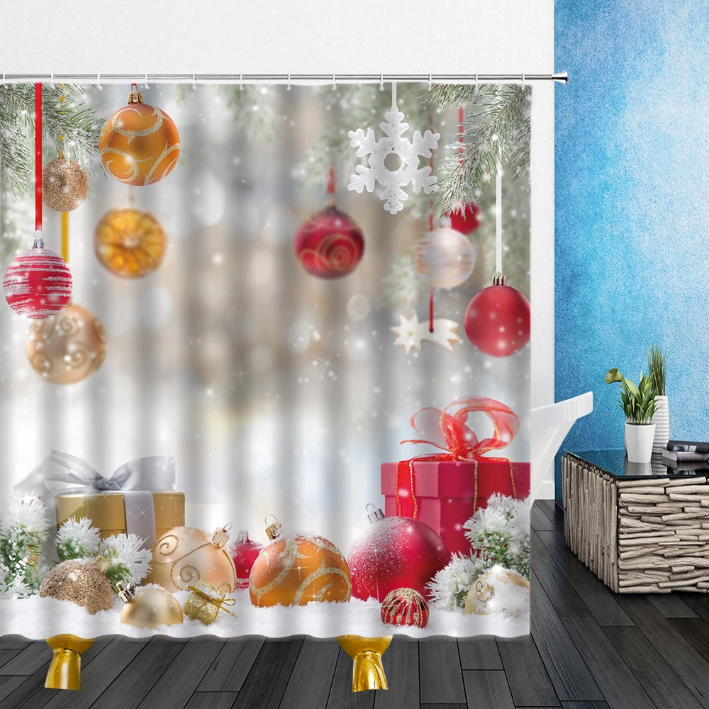

Christmas Shower Curtains New Year Bathroom Decor Xmas Cartoon Colorful Star Rope Balls Kids Bath Room Home Decor Cloth Curtain