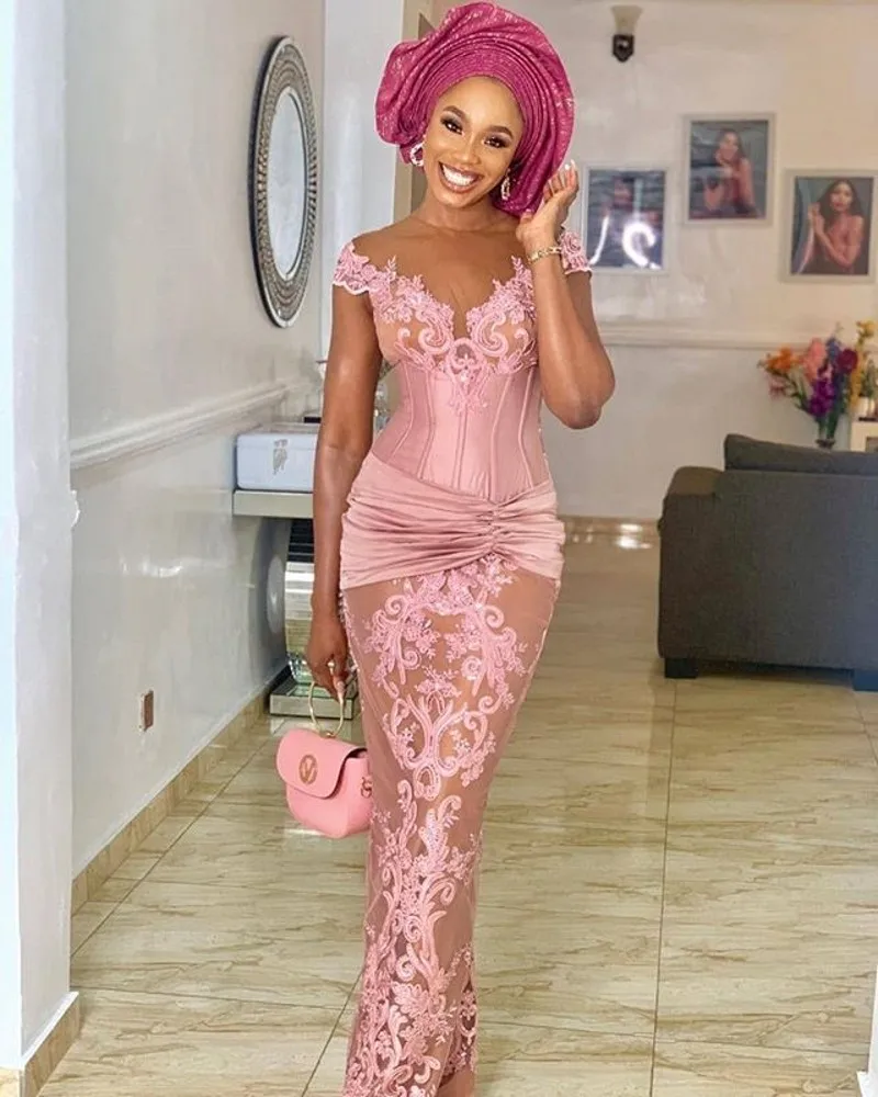 

Mermaid Africa Evening Dresses Lace Appliques Beaded Formal Party Gown Ruffles Long Special Occasion Dress