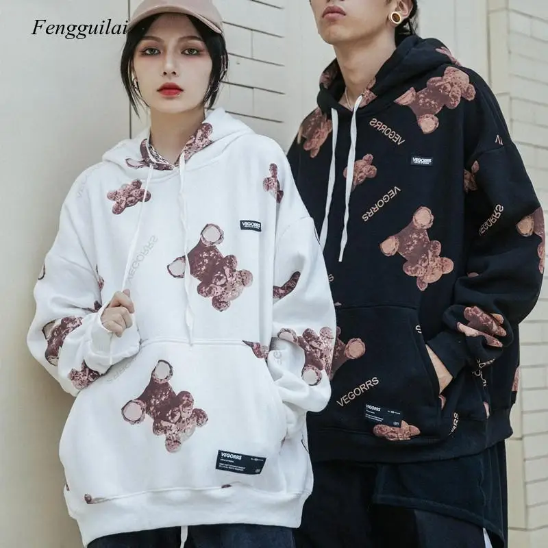 

Bear Print Fleece Hooded Sweatshirts Pullover Hoodies Street Wear Hip Hop Casual Tops 2021 for Couple Womens