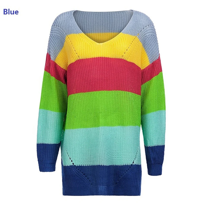 

Fashion Rainbow Sweater Women Casual V Neck Knitted Sweaters Multi-Color Striped Pullover Tops Women Knitting Sweater 2020 New
