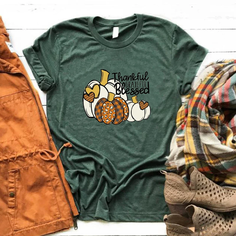 

Pumpkin Shirt Thankful Grateful Blessed Tshirt Thanksgiving T-Shirt Hanksgiving Pumpkin Graphic Tees Women 100% Cotton Tops
