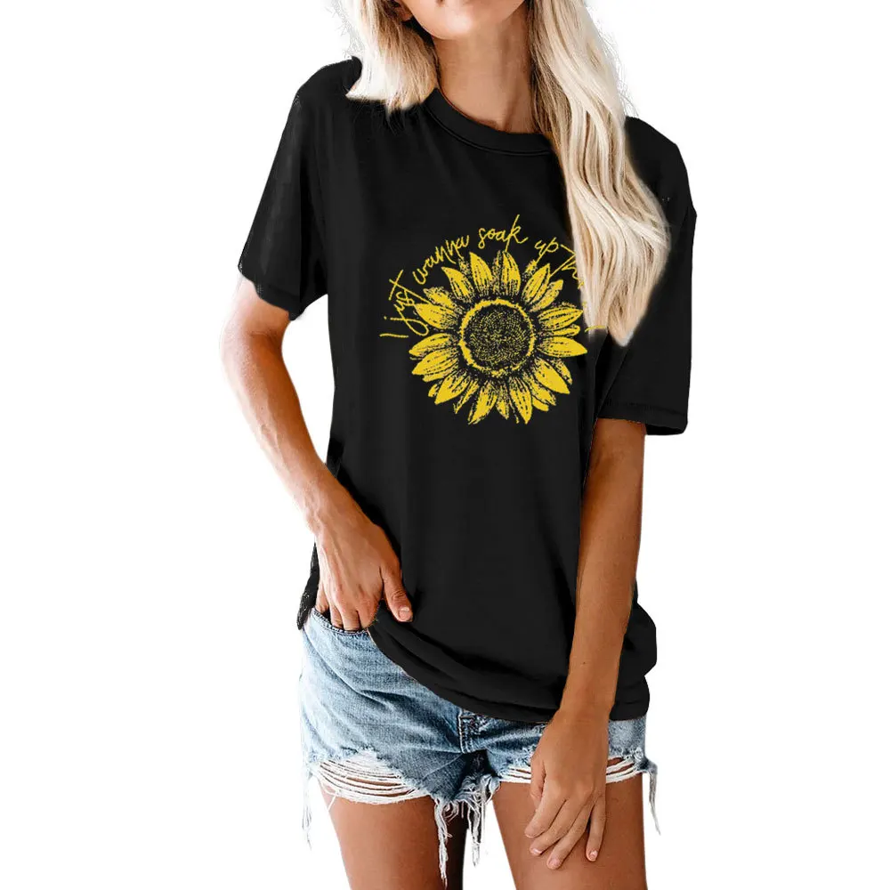 

Carney women's top hot sunflower letter round neck short sleeve T-shirt