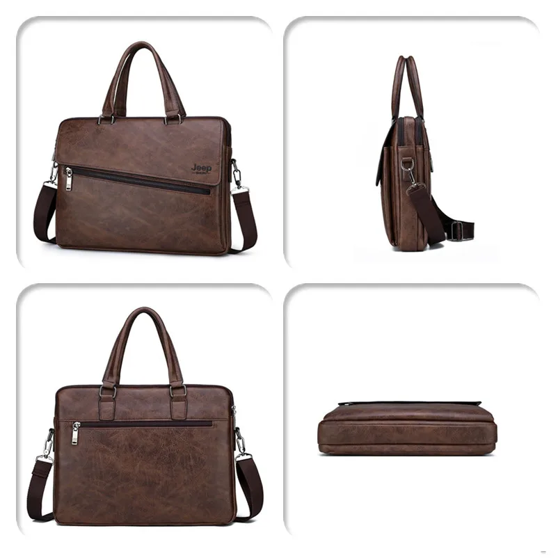 JEEP BULUO 14 Inch Laptop Bag Leather File Hot Messenger Bags Men's Briefcase Office Business Tote Bag
