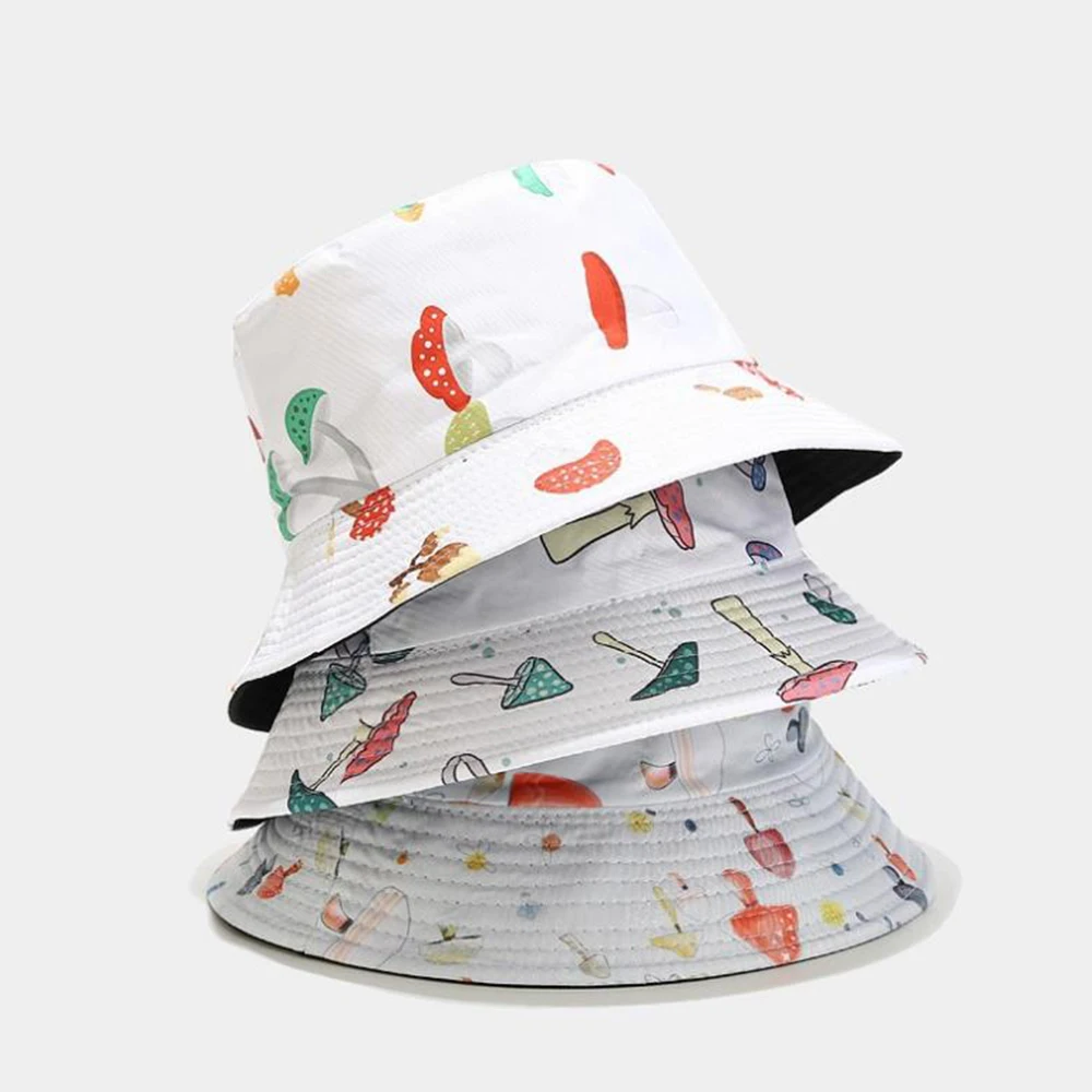 

2022 New Mushroom Print Double-Sided Fisherman Hat Tide Men Women Spring Summer Outdoor White Basin Hat Sunscreen Hat