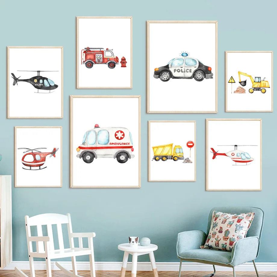 

Police Ambulance Fire Truck Airplane Wall Art Canvas Painting Nordic Posters And Prints Wall Pictures For Baby Kids Room Decor
