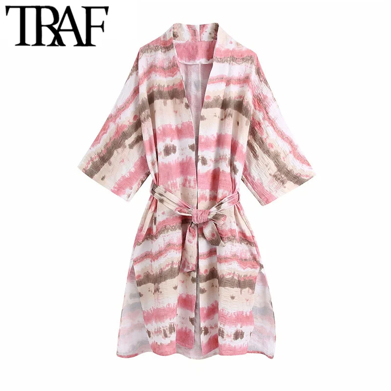 

TRAF Women Fashion With Belt Tie-Dye Loose Kimono Blouses Vintage Three Quarter Sleeve Side Slit Female Shirts Chic Top