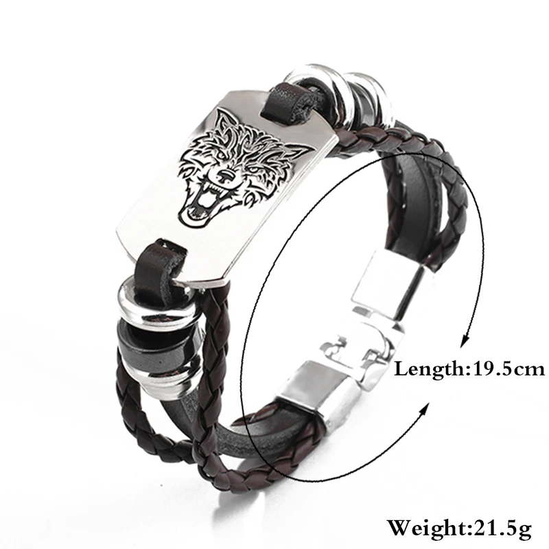 Многослойный кожаный браслет из нержавеющей стали с изображением головы волка в