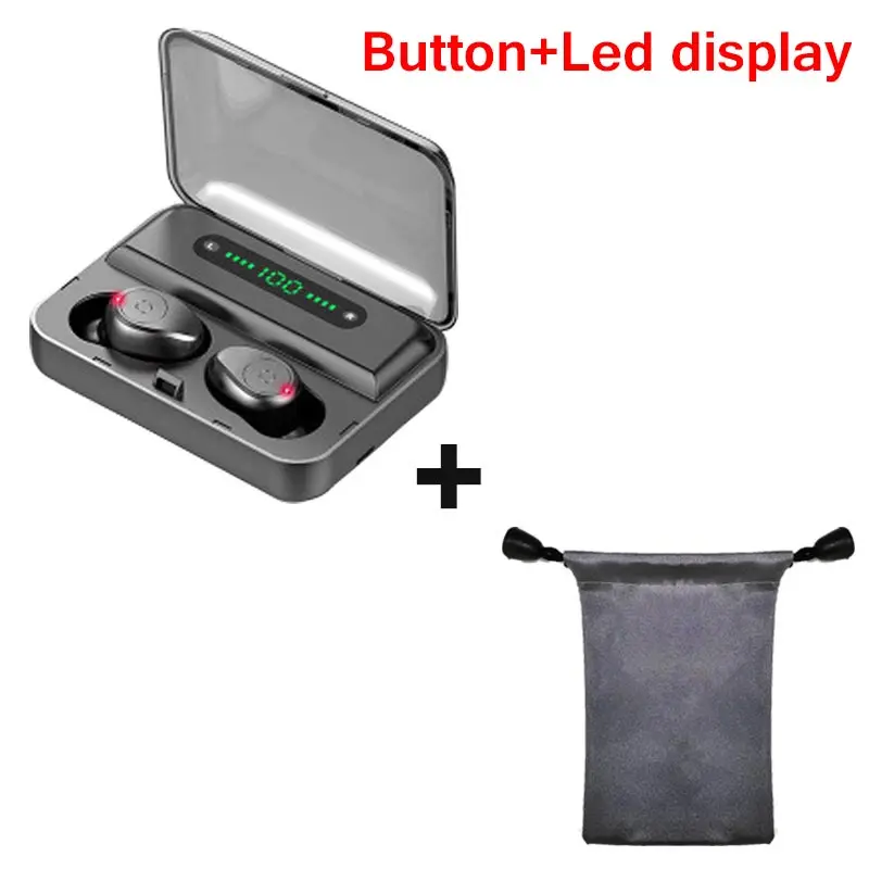 Button black add bag TWS F9-5 Беспроводные Bluetooth 5,0 мини наушники невидимые наушники 8D стерео часы светодиодный шумоподавление Гарнитура IPX7 водонепроницаемый - Цвет: Button black add bag