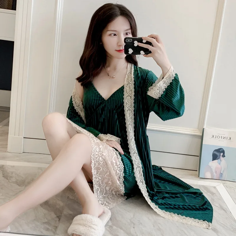 MECHCITIZ женский сексуальный халат ночная сорочка комплект осень зима бархатный