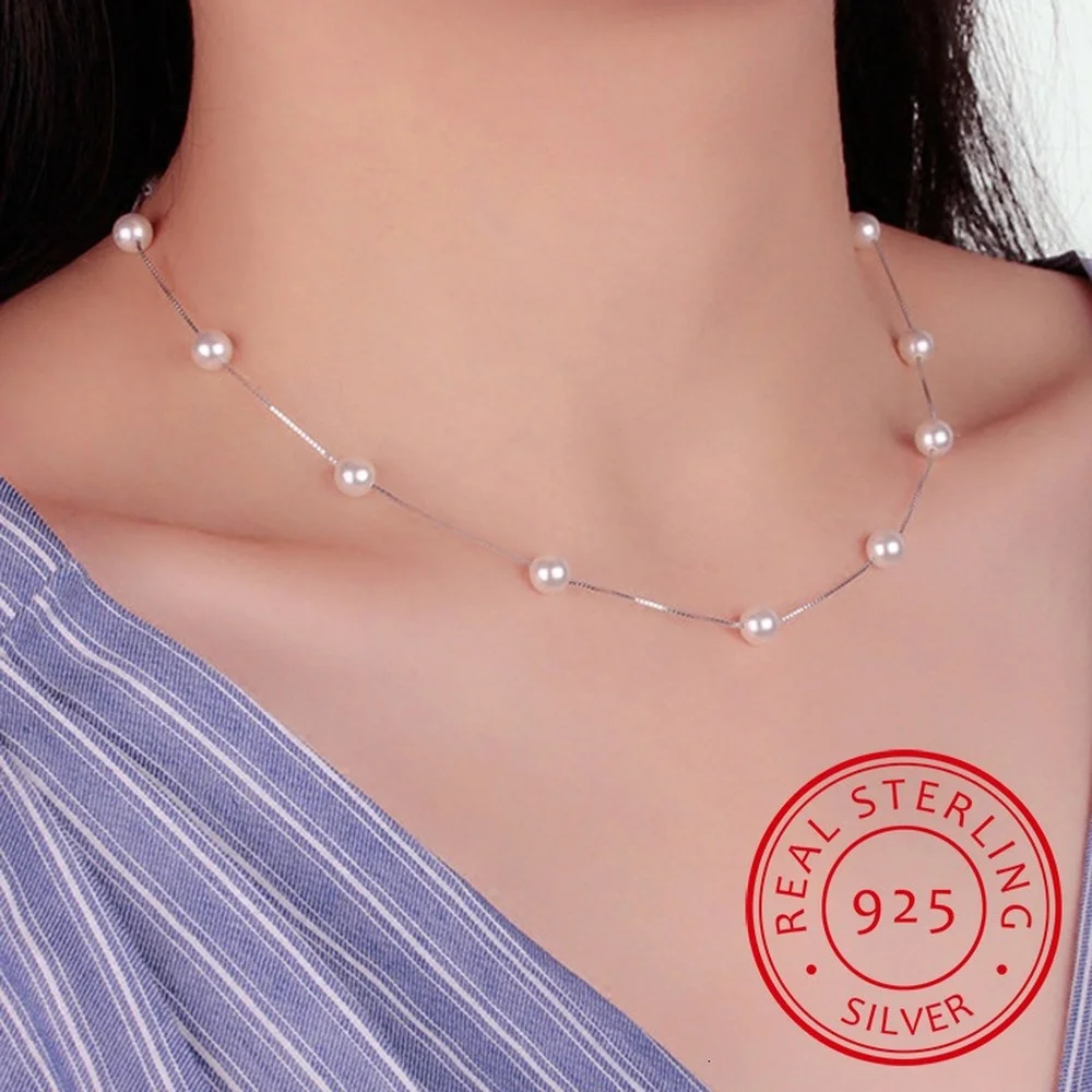 

925 Sterling Silver Jewelry 12 Pcs 6mm Pearl Box Chain Choker Necklace choker pearl necklace choker jewelry sterling jewelry