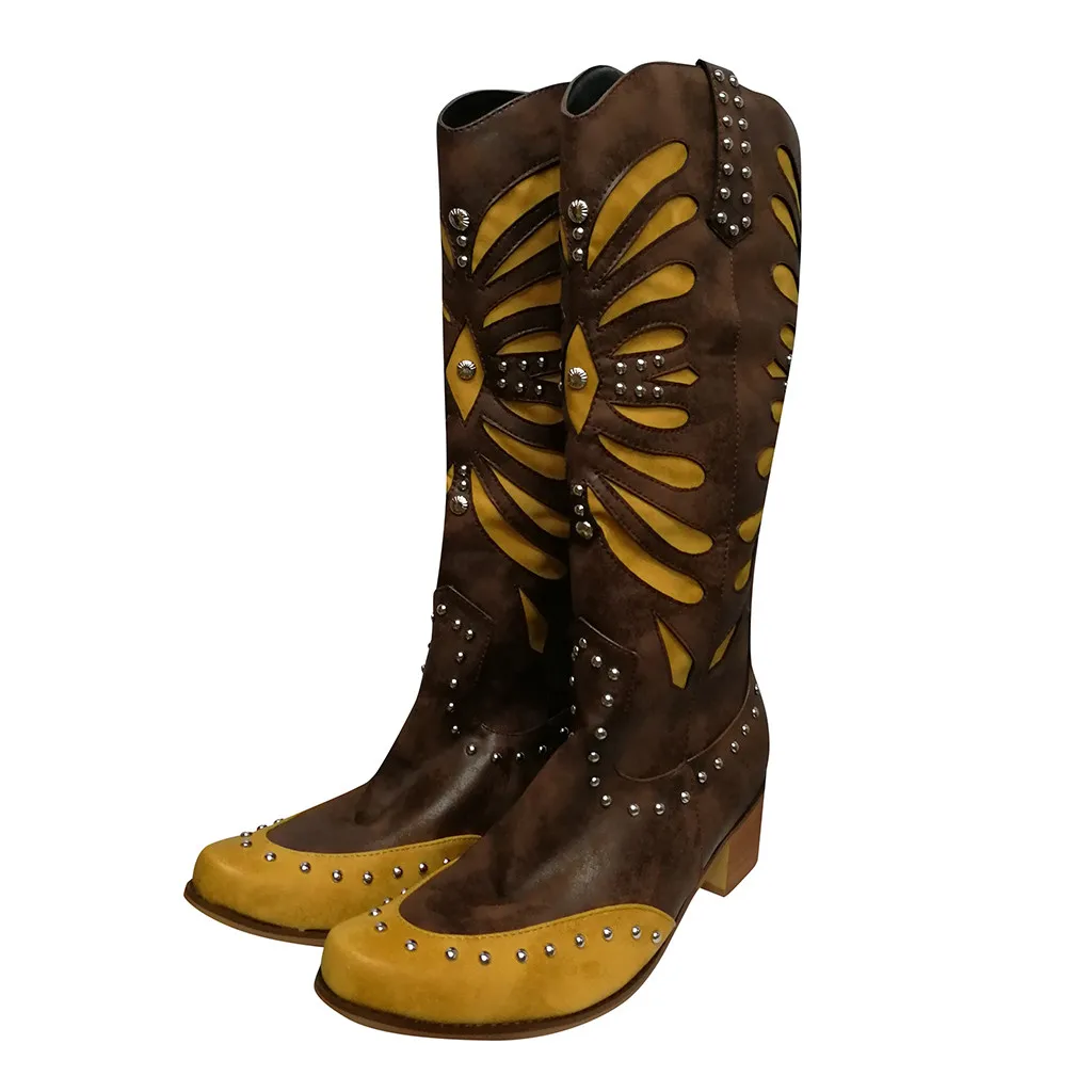 Women Vintage Booties Flats Square Head Low-heeled Western Rodeo Slip-On Boots Motorcycle Western Cowboy Boots Women Short Shoes