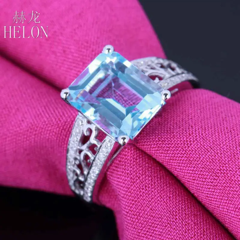 

HELON Solid 14K White Gold Emerald Cut 10x8mm Genuine Sky Blue Topaz & Diamond Engagement Ring For Women Fine Jewelry Best Gift