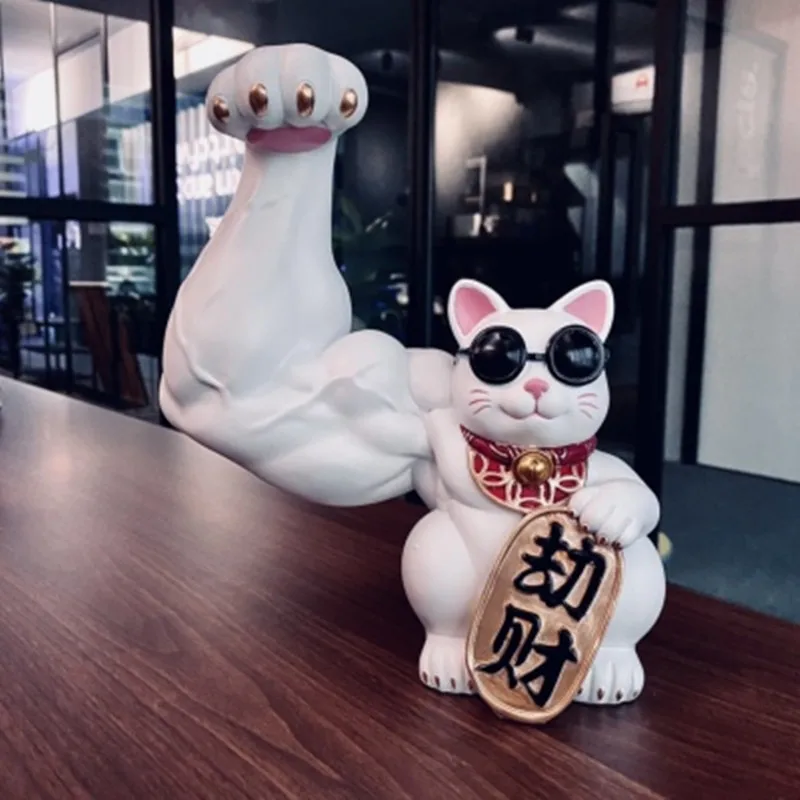 

24cm Creative Muscle Arm Lucky Cat Figurines Home Car Decoration Accessories Interior Animal Crafts Car Accessories Interior