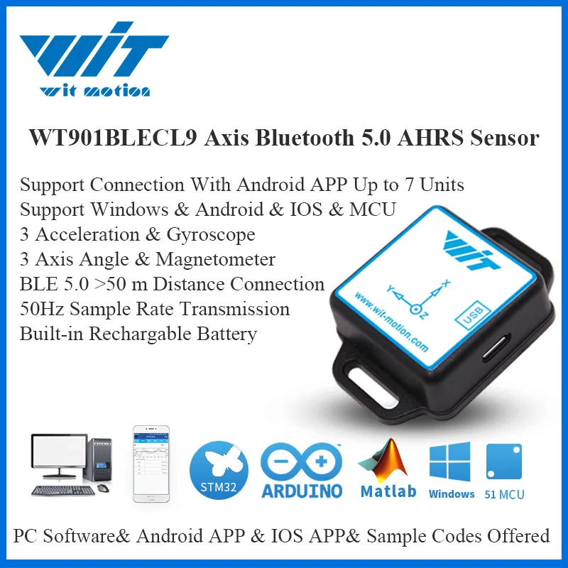 WitMotion Bluetooth BLE 5,0 низкое энергопотребление 50 м WT901BLECL 9-осевой датчик Угол + гироскоп ускорения + магнитометр для ПК/Android