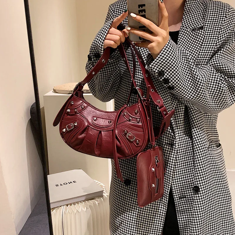 

Rivets Design Half Moon PU Leather Armpit Crossbody Bag 2021 Winter Punk Style Vintage Shoulder Purses and Handbags 2 Pcs/set