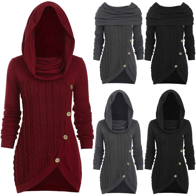 

2021 Ladies Spring and Autumn Hooded Fashion Personality Sweater Winter Scarf Collar Knitted Sweater Casual Patchwork Pullover