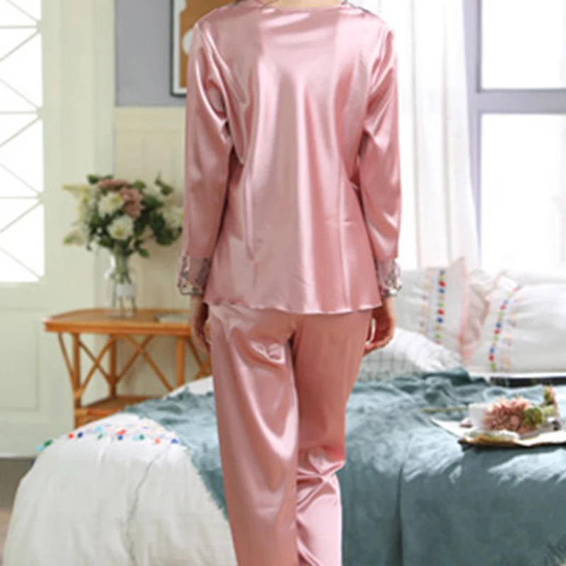 

Female Silk Pajamas Sexy Long Sleeve Faux Silk Set Spring Summer Autumn Lace Pajama Sets Women Sleepwear