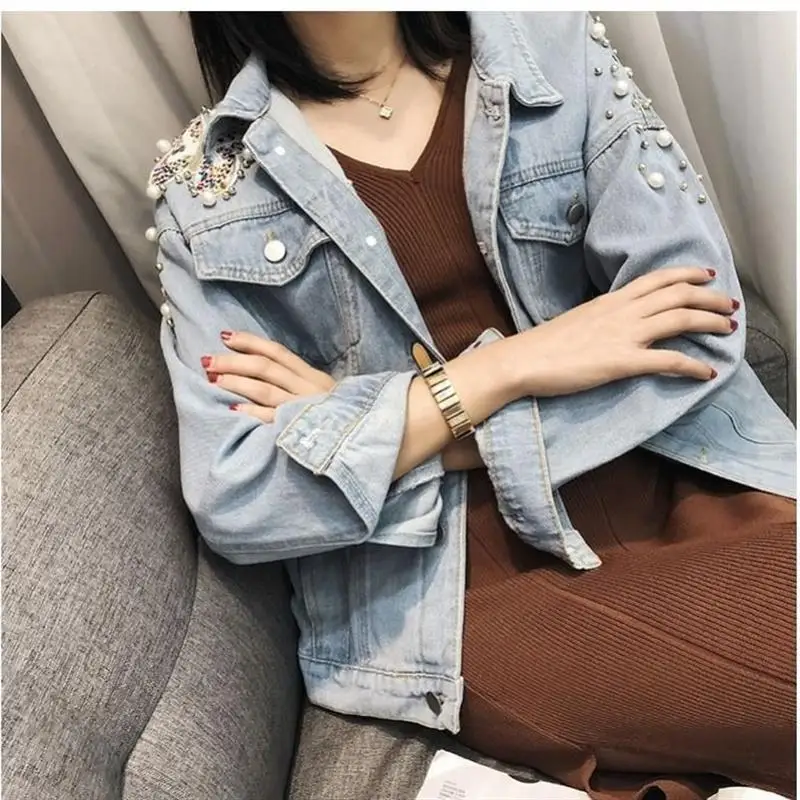 Джинсовое пальто с блестками и бусинами в Корейском стиле на осень универсальная