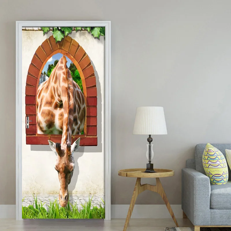 3D кирпичная стена за пределами двери жирафа Наклейка ПВХ самоклеящаяся дверь