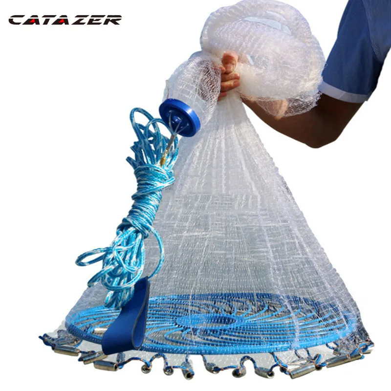 Catazer Hot Sale Diameter 300cm 720cm American Style Old Salt Cast Nets Deep Hole Cast Net  Small Mesh Fishing Net with Rings