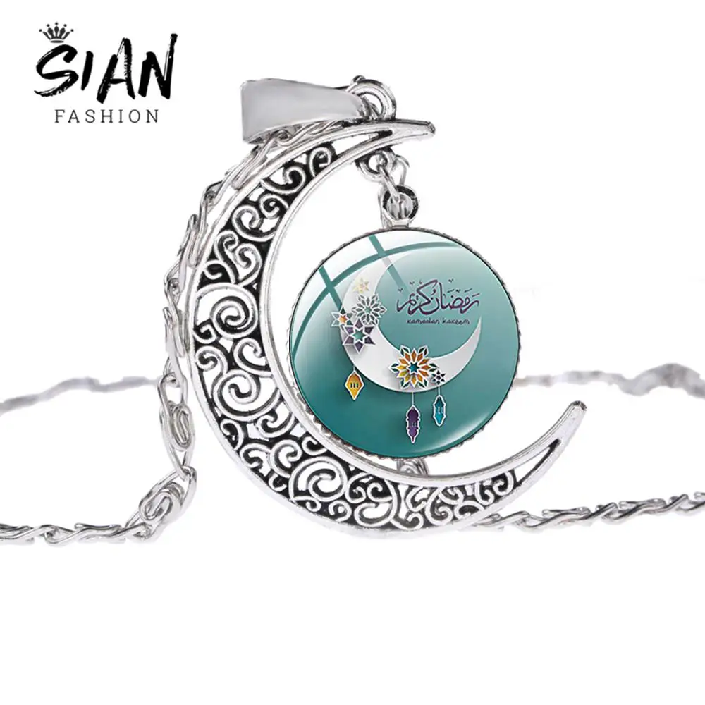 SIAN Religious Eid Mubarak Delicate Moon Necklace Big Ramadan Festival Party Theme Silver Plated Charm Glass Crystal | Украшения и