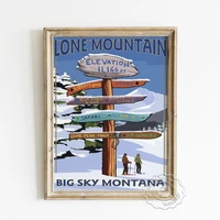 montana big sky travel scenic spot publicity poster lone mountain landscape canvas painting ski destinations sign illustration
