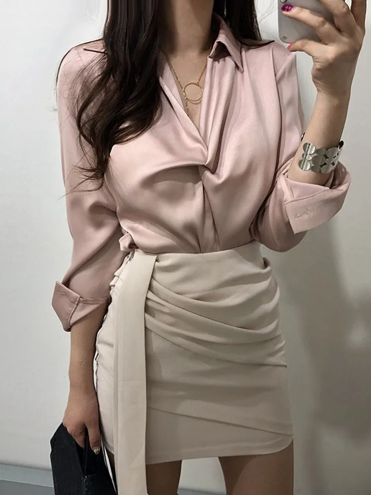 Осень 2019 модная женская Повседневная элегантная однотонная шифоновая блузка
