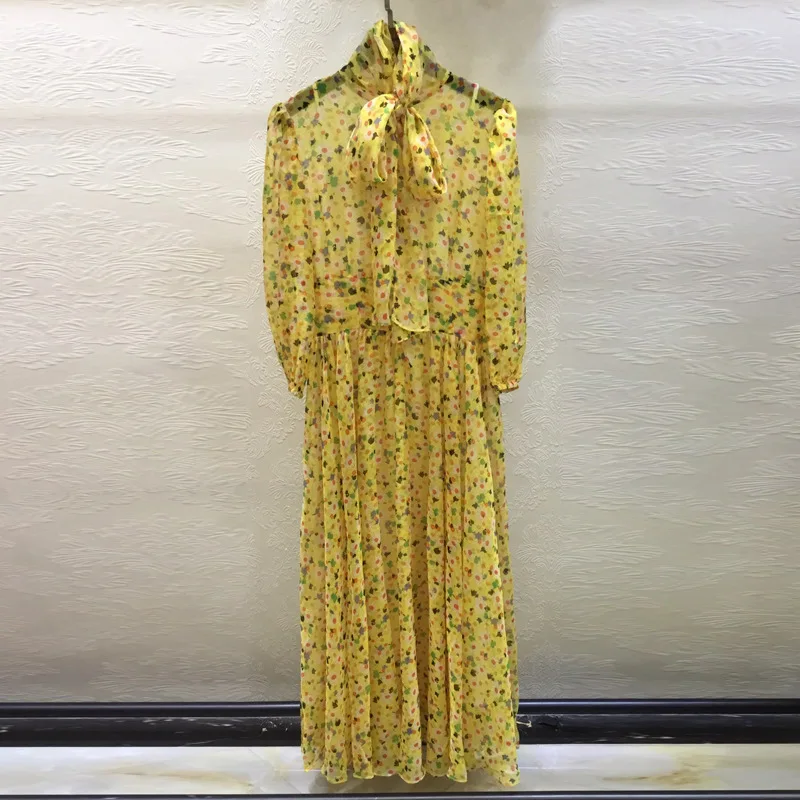 

Женское шифоновое платье с цветочным принтом, длинное желтое платье в богемном стиле с бантом на воротнике и коротким рукавом, праздничное ...