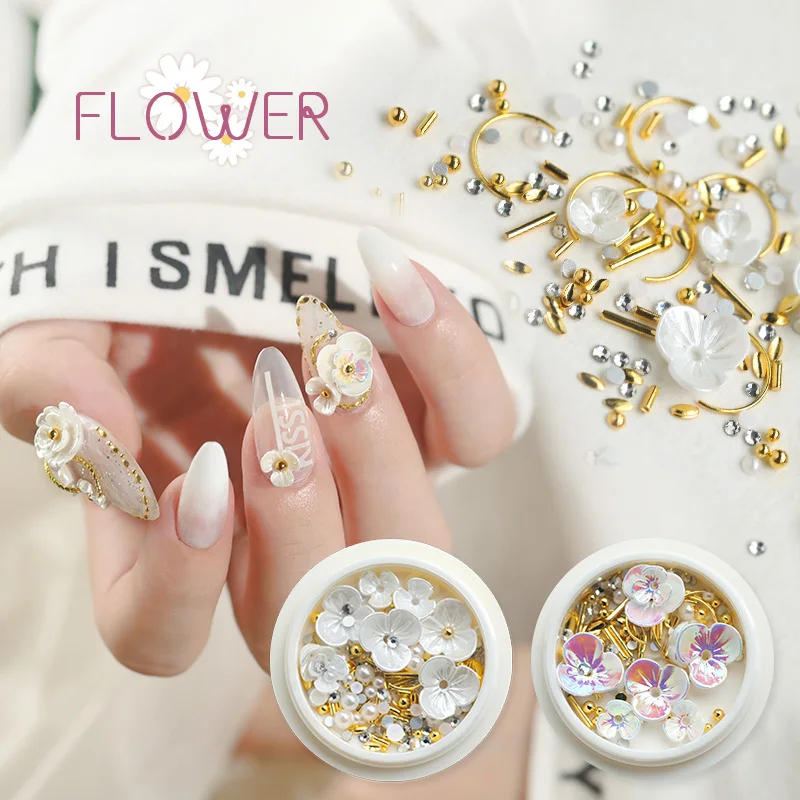 

8 styles 3D Pearl Rhinestones shell Flower Gems Charming Mix Nail Art Decoration Rose Jewelry Gel Glitter Nail Art Decoration