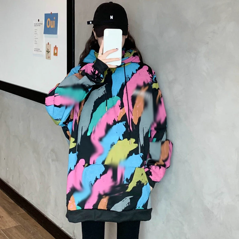 

Autumn Winter Women Thicken Oversized Hoodies Fashion Floral Printing Raglan Sleeve Fleece Lining Soft Cozy Hooded Sweatshirt