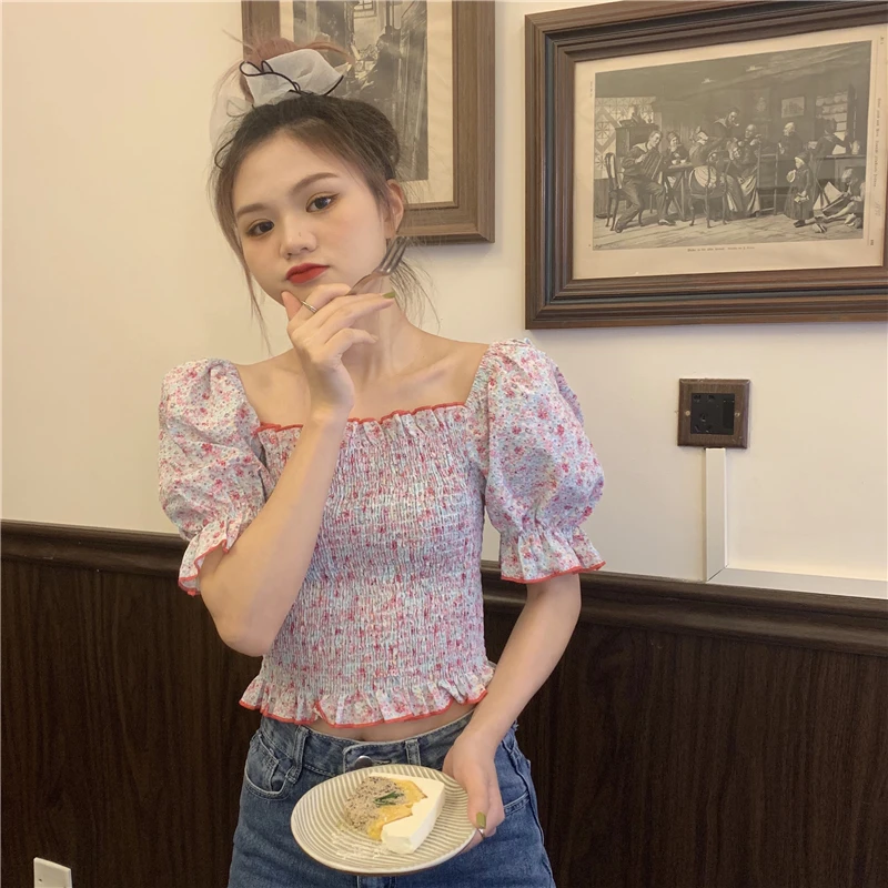 

Summer Sweet Style Square Collar Womens Tops and Blouses Korean Clothes Crop Top Shirts Chiffon Blusas Mujer De Moda 2021 New