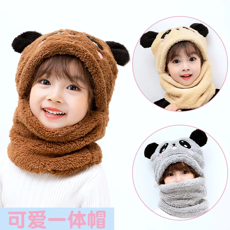 

Children's plus Fluff Hat Winter Boys Girls Scarf and Hat One-Piece Baby Ear Cap muffs Panda Pullover Fluffy