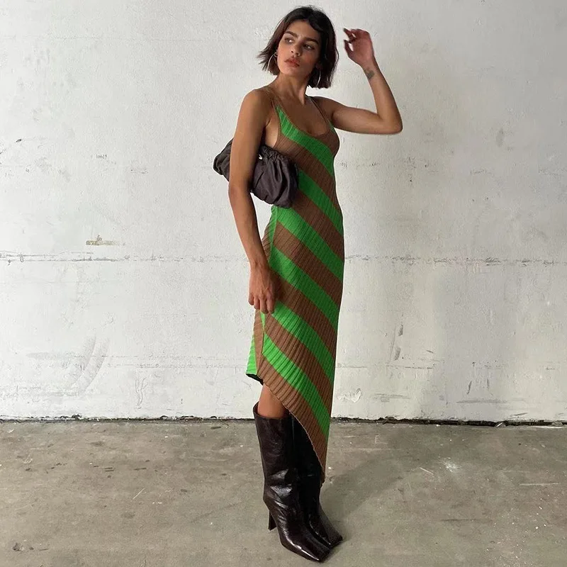 

2022 Spring Summer New Women O-Neck Sleeveless Contrasting Striped Halter Slim-fit Hip Dress Casual Printed Asymmetrical Dresses