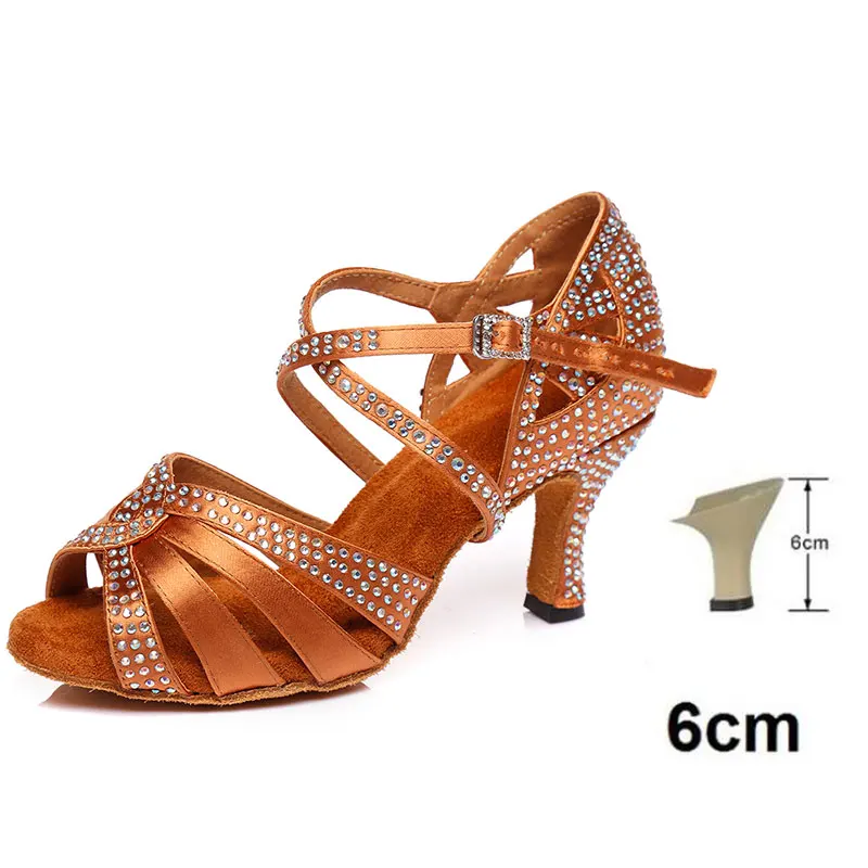Brown 6CM HROYL/Женская обувь для латинских танцев; женские танцевальные сандалии для танго; Сальса; Самба; стразы; пикантные вечерние туфли на каблуке 5/6/7,5/8,5/9/1 - Цвет: Brown 6CM