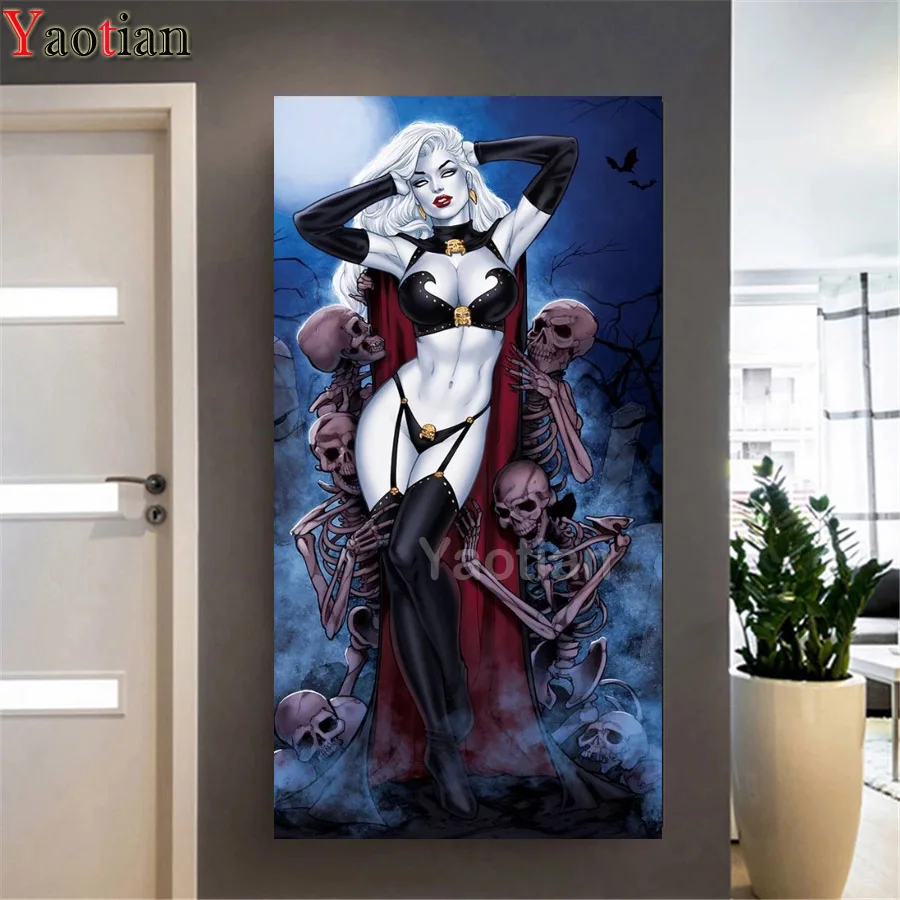 

Алмазная мозаика «сделай сам», картина из круглых страз с изображением сексуальной женщины и черепа, полноразмерная мозаика, аксессуары дл...