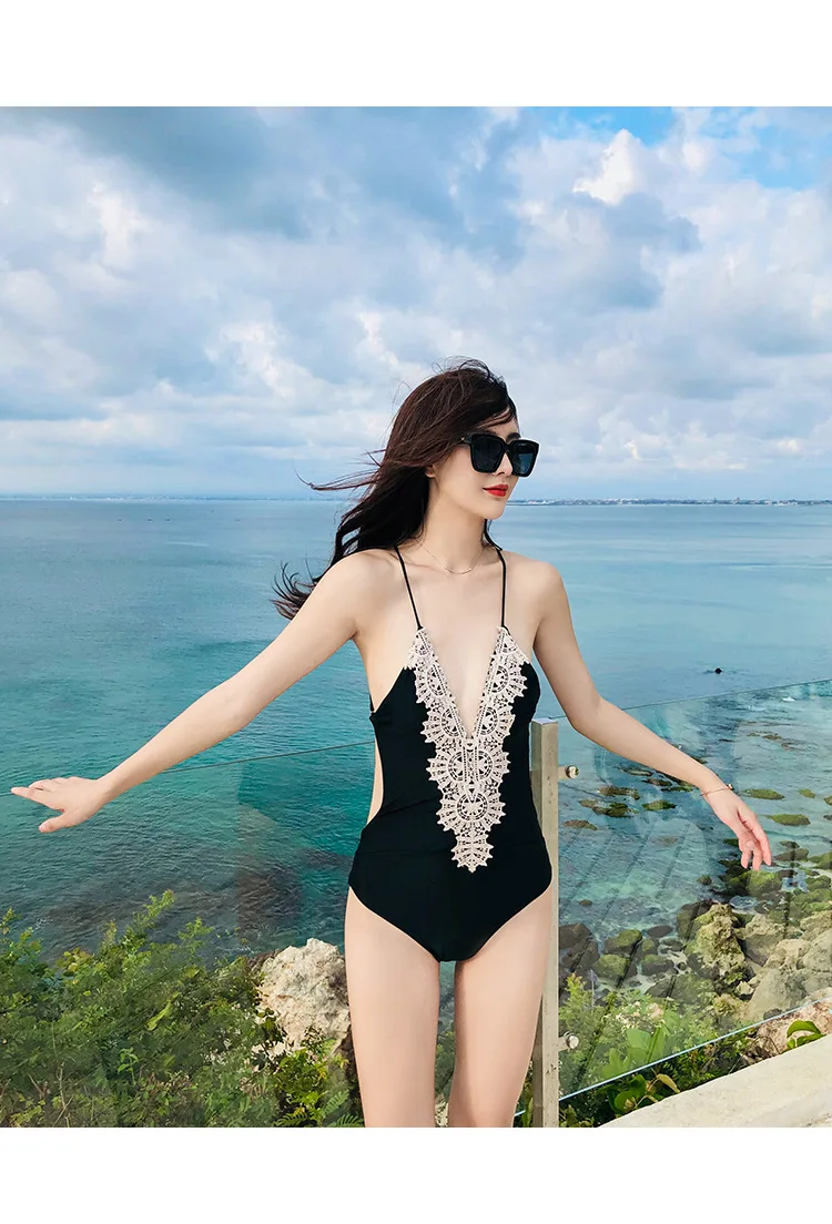 

2021 New One-Piece Swimsuit Women's Popular Japanese and Korean Ins Style Sexy Slim Fit Slimming Belly Covering Lace Edge