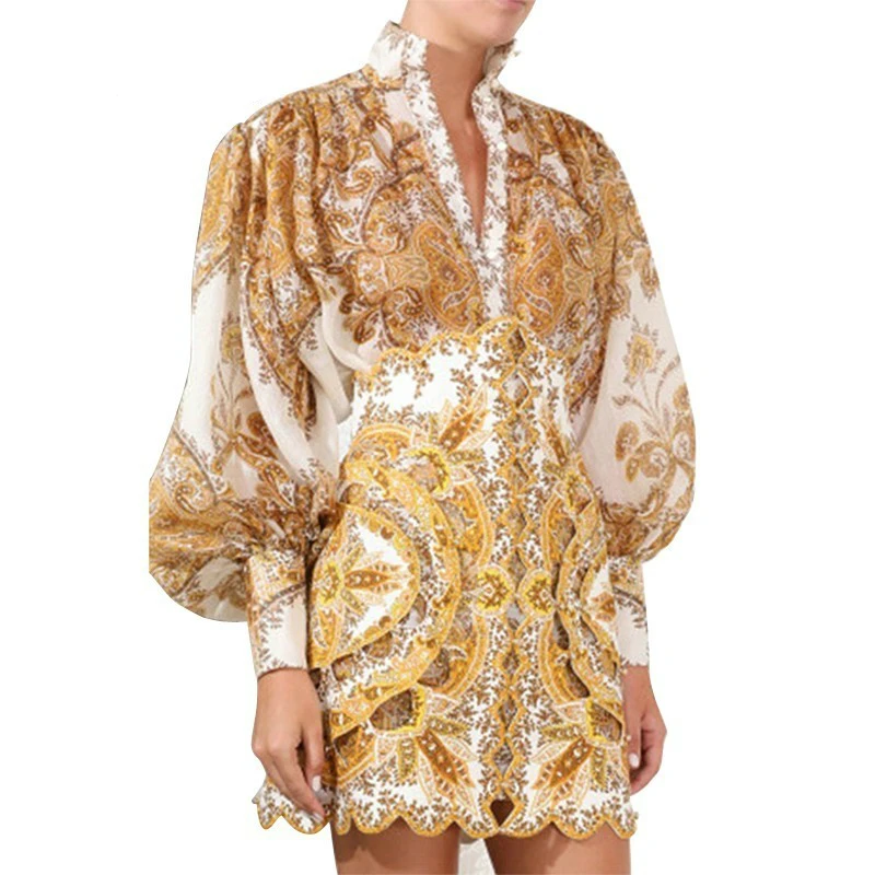 Женская винтажная блузка с принтом подиума воротником стойкой и рукавами