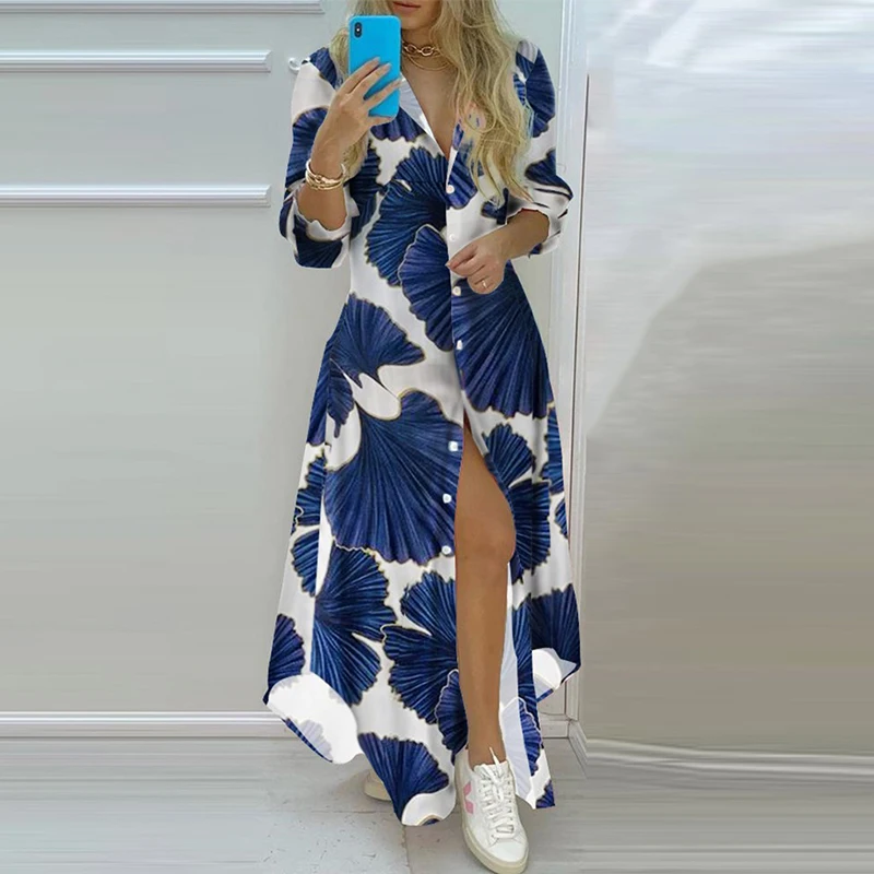 

Summer Woman Long Shirts Dress Casual Turn-Down Collar Button Maxi Dress 2021 Fashion Elegant Long Sleeve Party Dress Vestidos