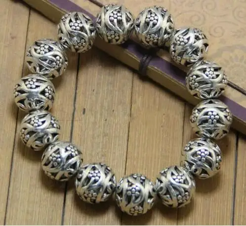 

Old China tibet Silver Bracelet Fengshui Amulet Collection Hollow beads Free shipping