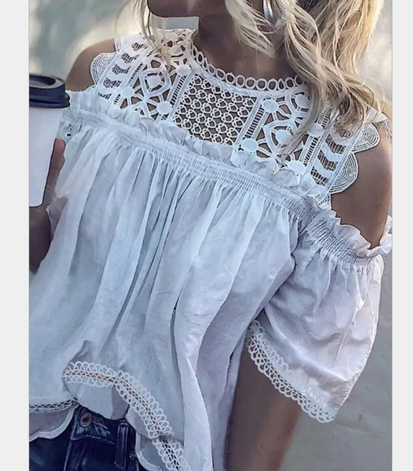 

White Lace Hollow Out Cotton Women Blouses Sleeveless O Neck Sexy Female Blouse Tops Loose Solid Hollow Out Shirts Blusa 5XL