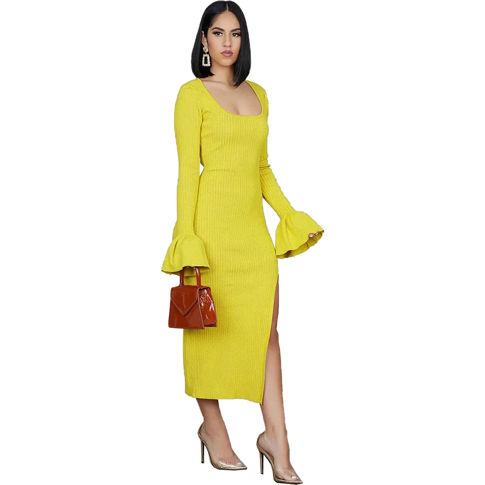 Women Knit Dress Elegant Long Sleeve Warm Sweater Casual O-neck Sexy Hight Slit Office Party Pencil Dresses Fall Clothes | Женская