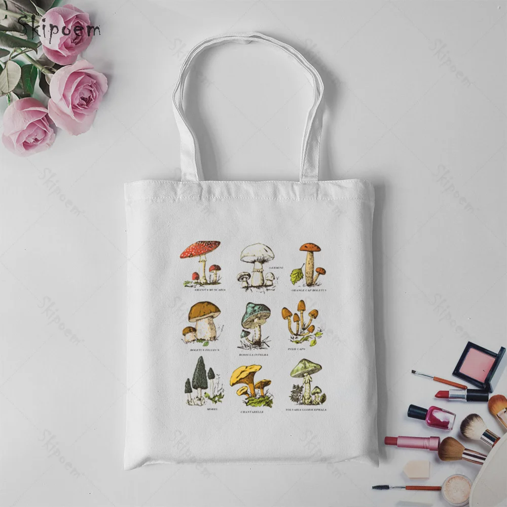 

Сумка-тоут женская холщовая в винтажном стиле, саквояж на плечо с принтом в виде грибов, вместительная сумочка для учителей