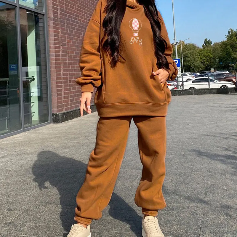 

Women's Two Piece Set Casual Fleece Tracksuit 2021 Winter Pattern print Oversize Hooded Long Sleeve Hoodie Sport Pants Lady Suit