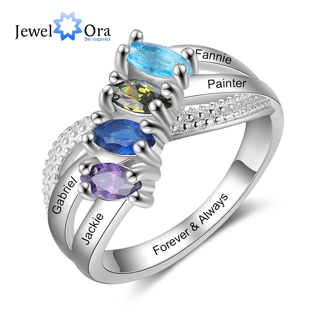 

JewelOra Personalized Family Name Engraved Rings for Women Customized 4 Birthstones Silver Color Copper Ring Anniversary Gifts